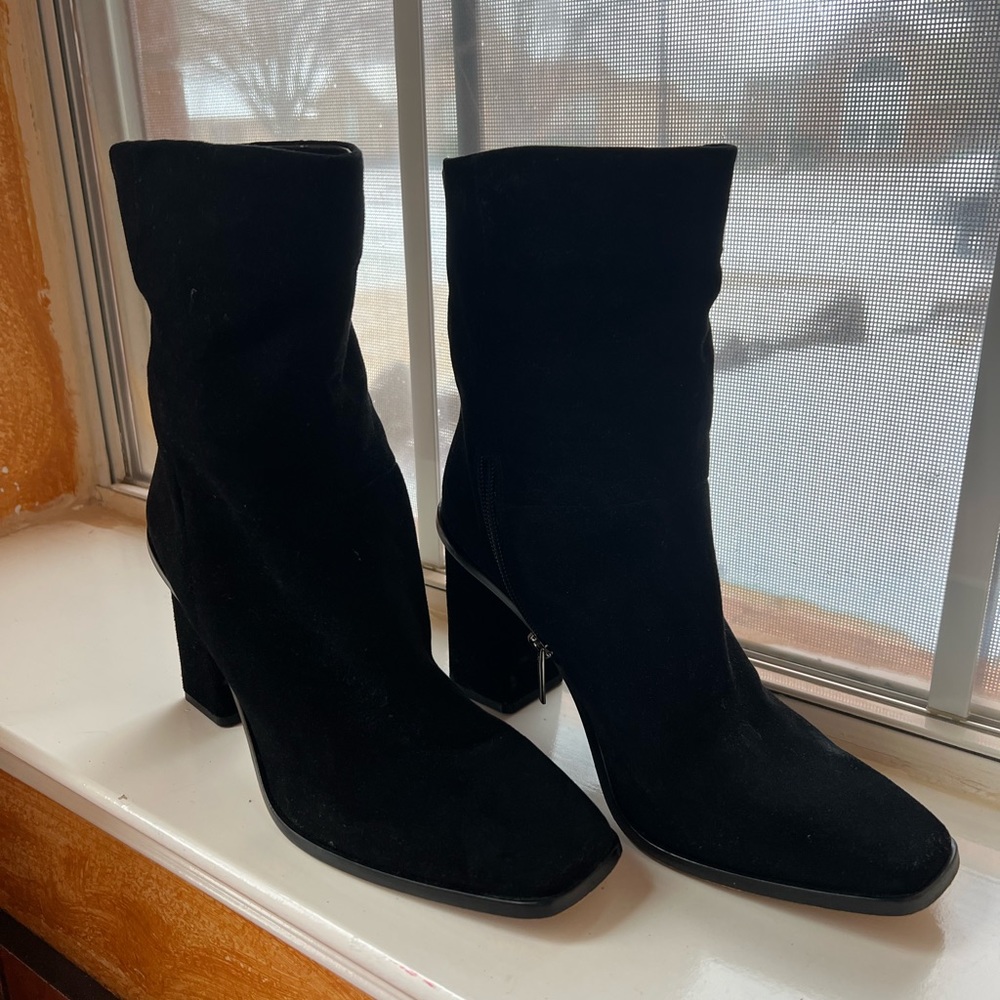 Vince Camuto, black suede boots with squared toe.